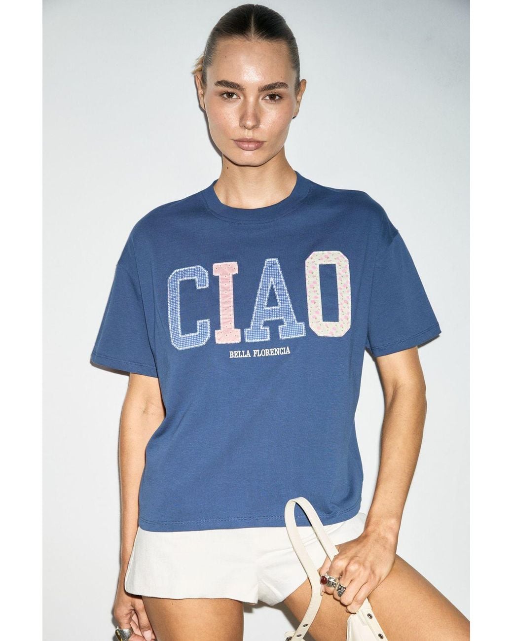 Grimelange Blue Printed Crew Neck T-Shirt