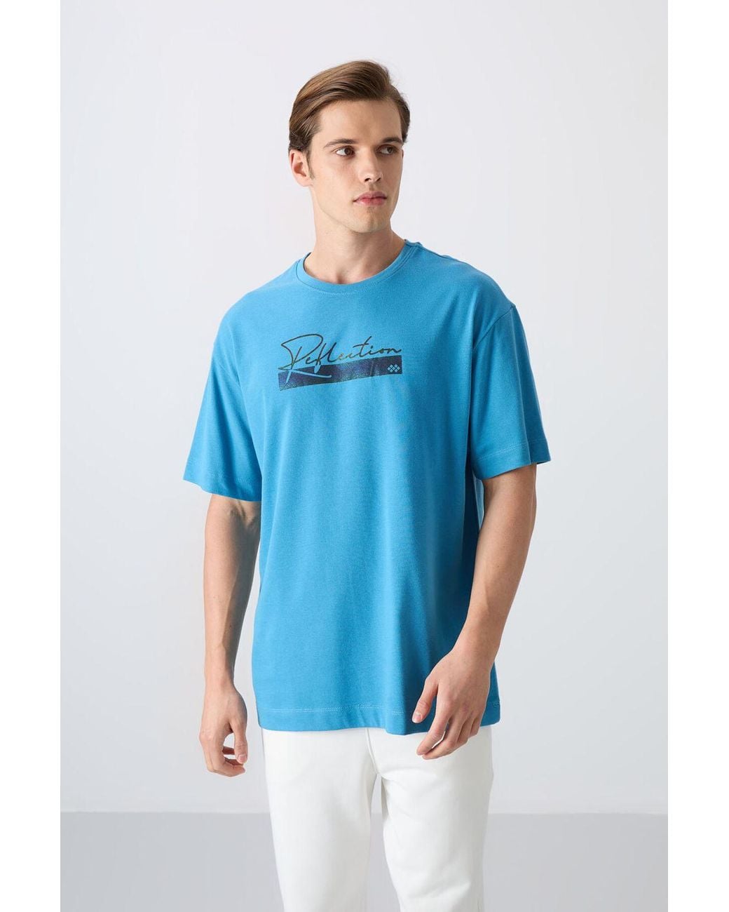 TOMMY LIFE Blue Oversized Printed Cotton-Blend T-Shirt for men
