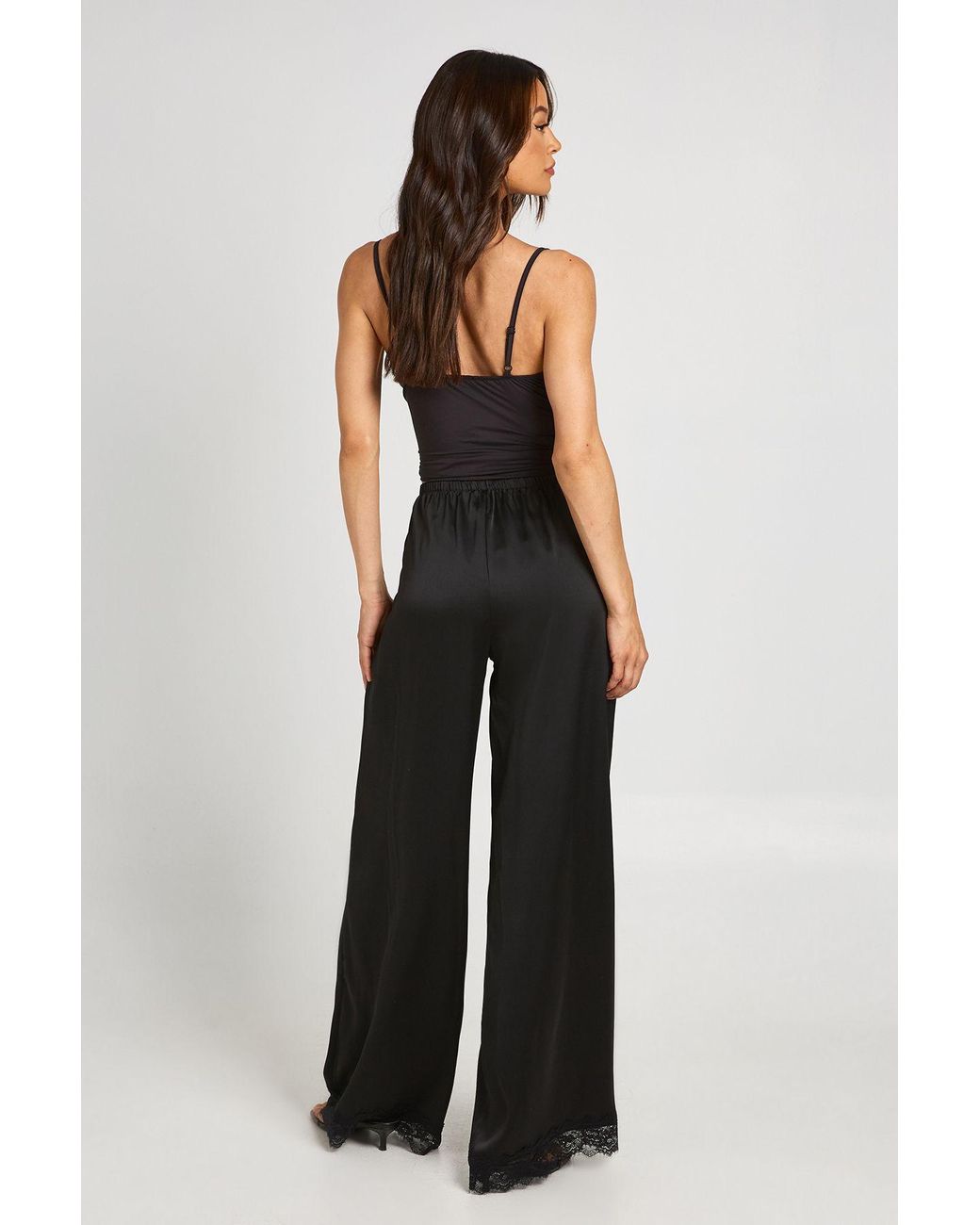 Boohoo Blue Tall Satin Lace Trim Wide Leg Trousers