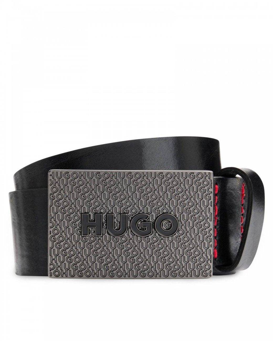 HUGO Black Gilao Matte Leather Belt With Branded Plaque Buckle for men