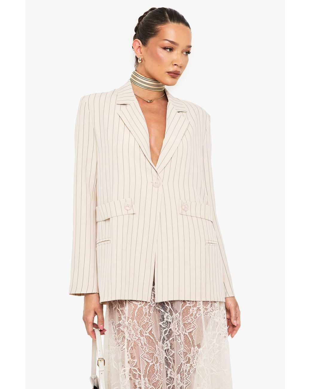 Boohoo Natural Pinstripe Button Detail Oversized Blazer