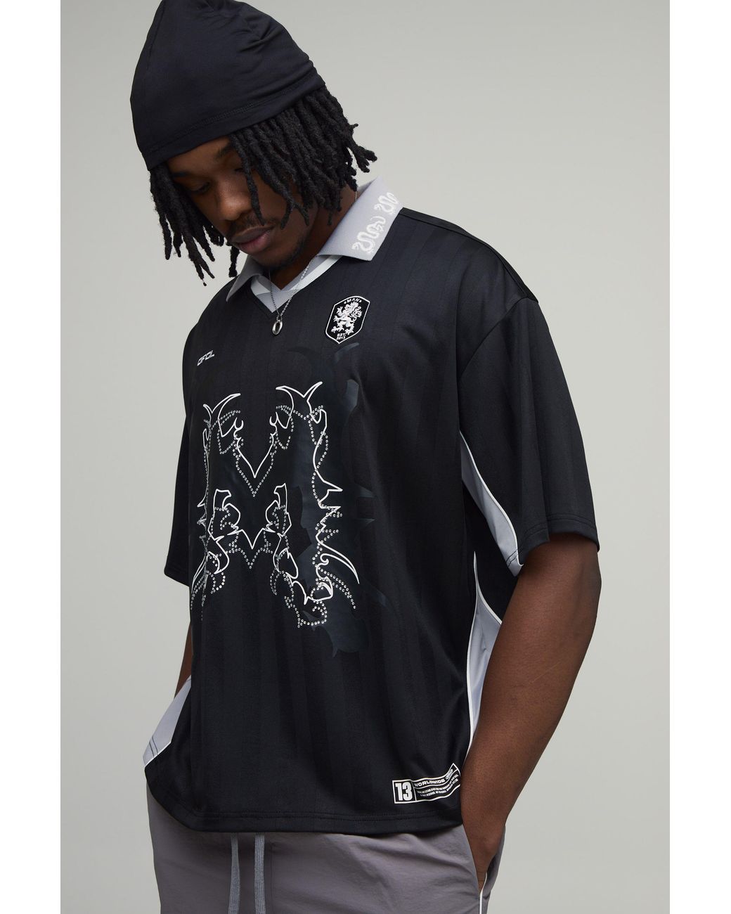 BoohooMAN Blue Tall Oversized Grunge Varsity Rhinestone Mesh V Neck T-Shirt for men