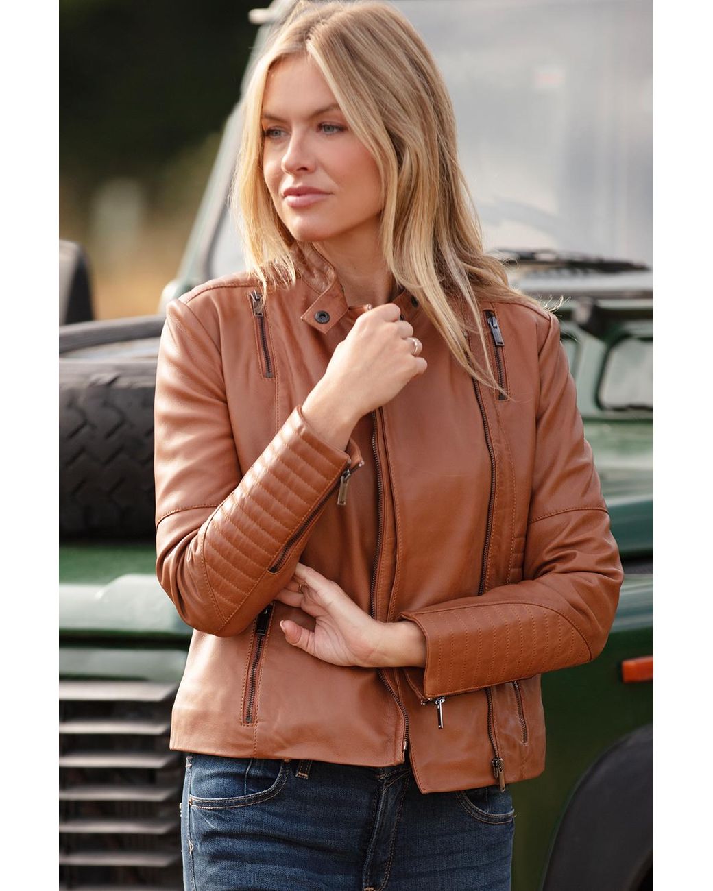 Ashwood Leather Brown 'Alessia' Mandarin Collar Biker Jacket Coat