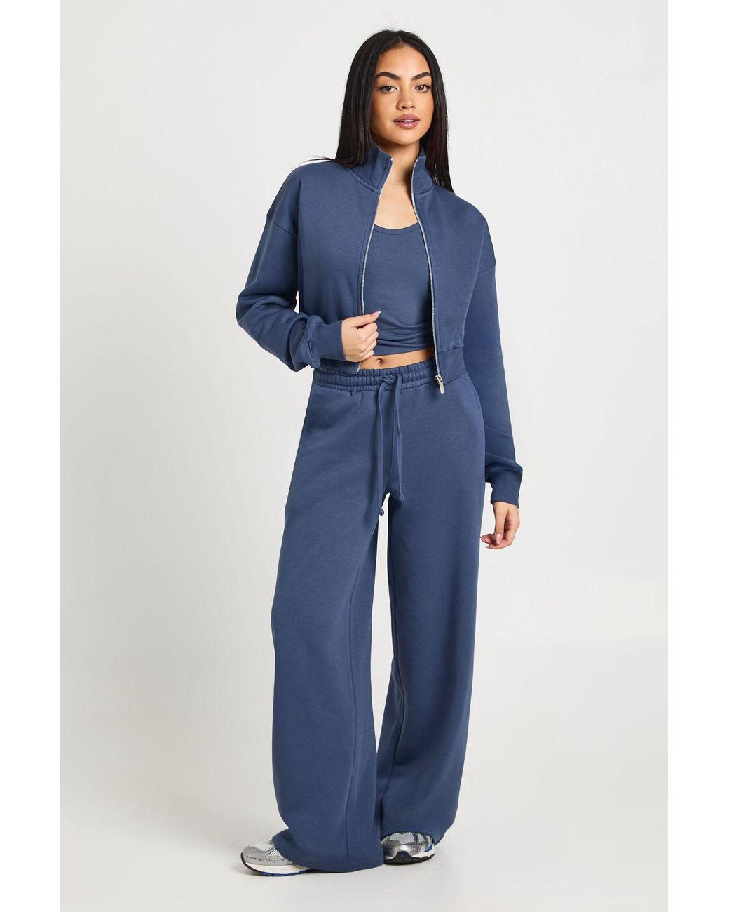 Boohoo Blue Funnel Neck Zip Through 3 Piece Straight Leg Tracksuit