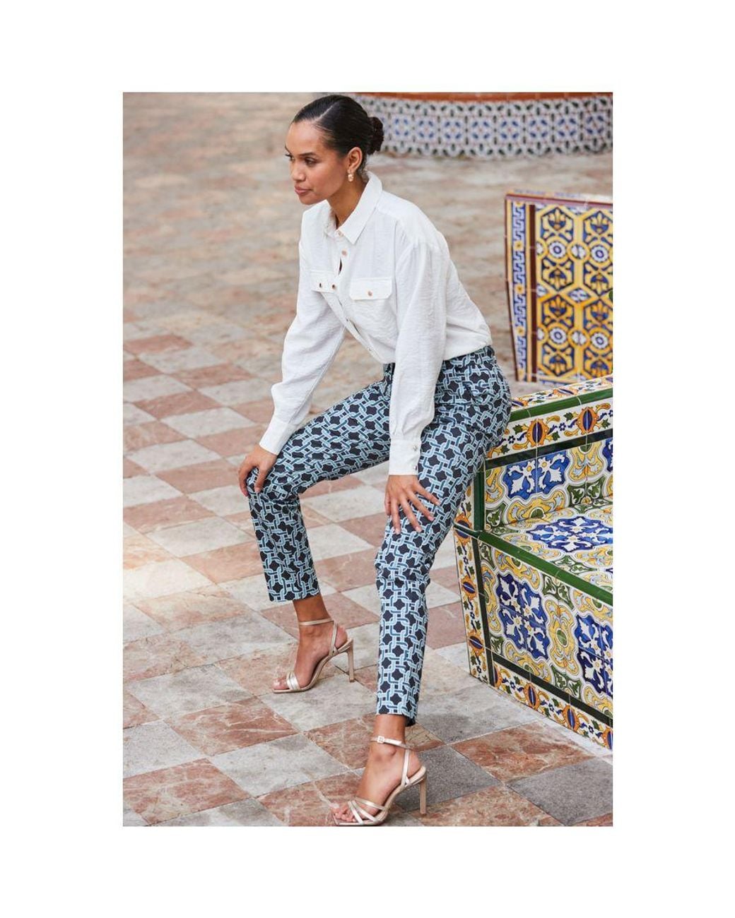 Sosandar Blue Geometric Print Tapered Leg Trousers