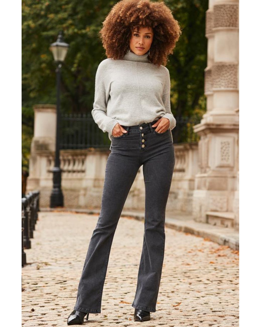 Sosandar Gray Charcoal Button Front Kick Flare Jeans