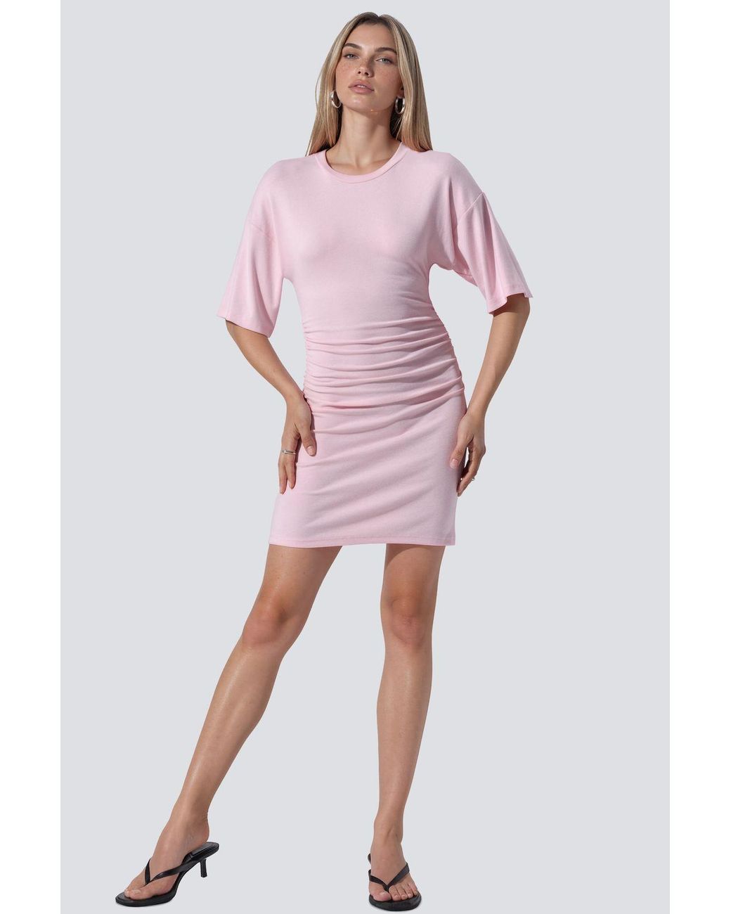 Busem Pink Shirred Crew Neck Mini Dress