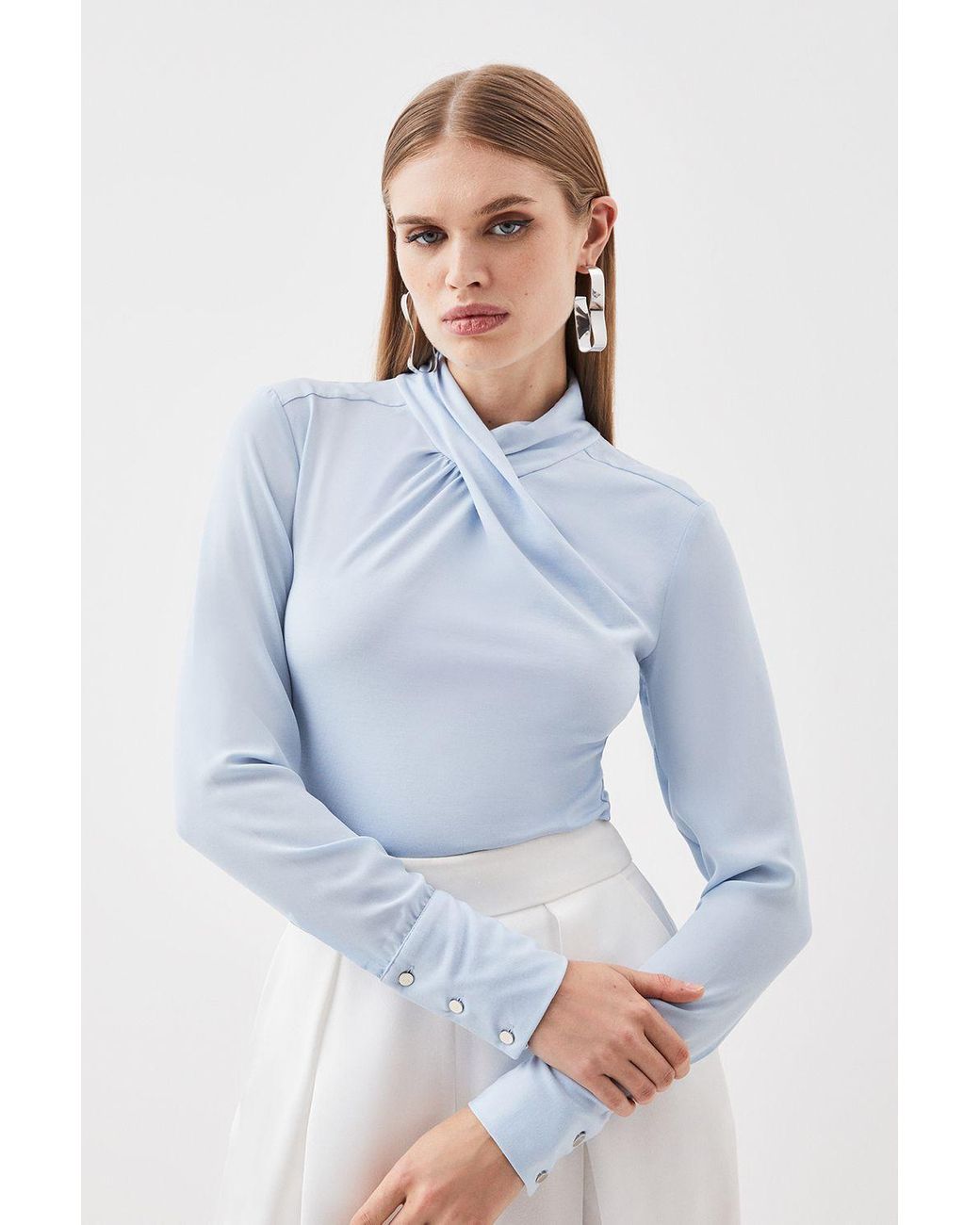 Karen Millen Jersey And Georgette Mix High Neck Top in Blue Lyst UK