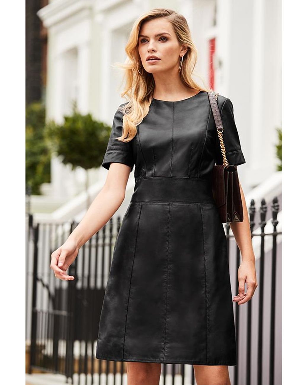 Sosandar Black Leather Panelled Shift Dress