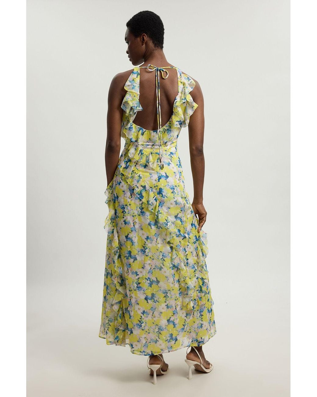 Karen Millen Green Petite Crinkle Georgette Ruffle Detail Halter Neck Woven Maxi Dress