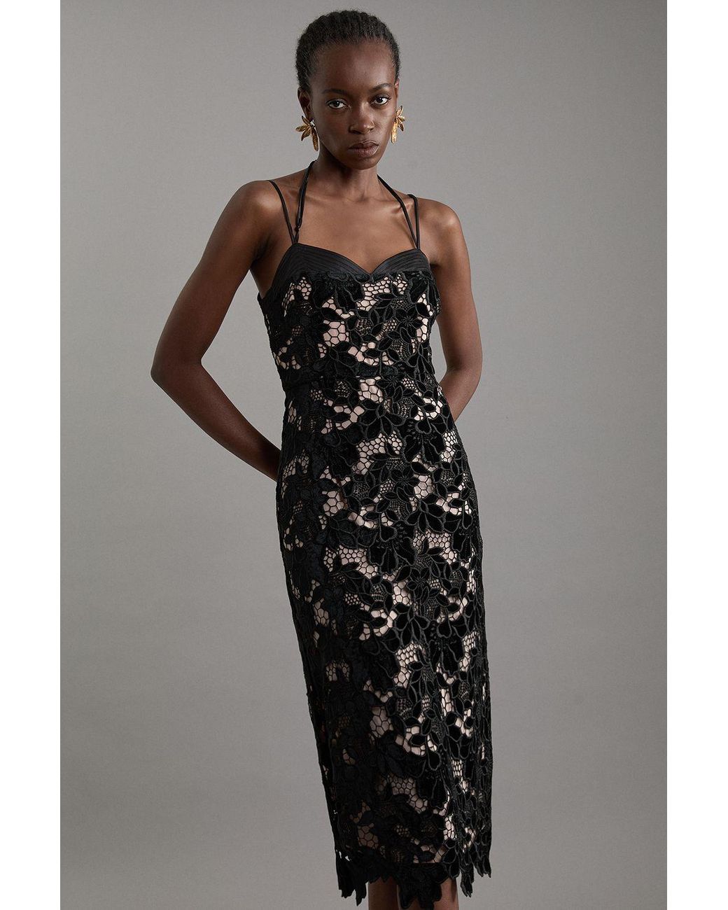 Karen Millen Petite Velvet Cutwork Lace Detail Strappy Midi Dress