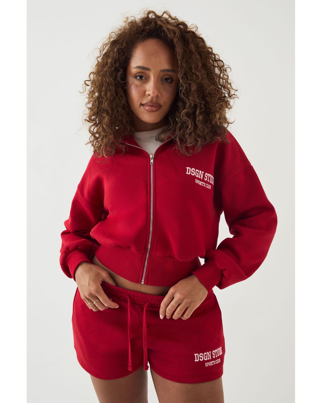 DSGN Studio Red Applique Boxy Crop Zip Through Hoodie