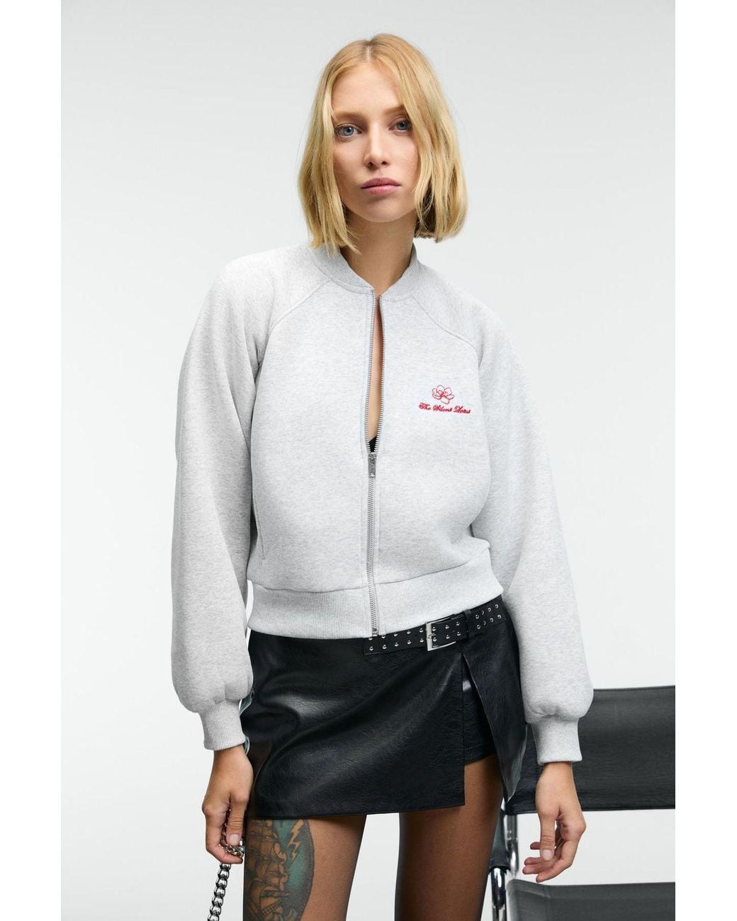 Grimelange White Embroidered Mandarin Collar Zip Sweatshirt