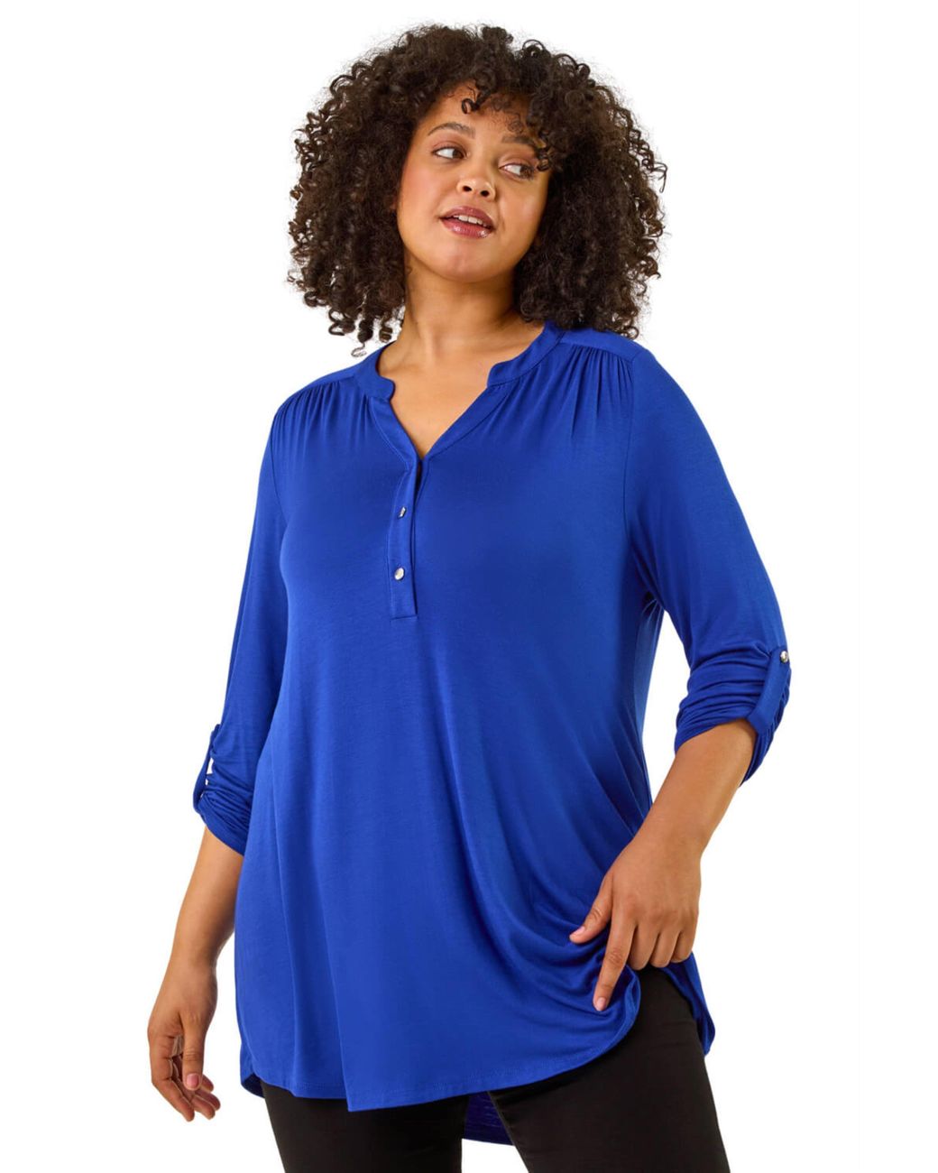 Roman Blue Curve Buttoned Stretch Top