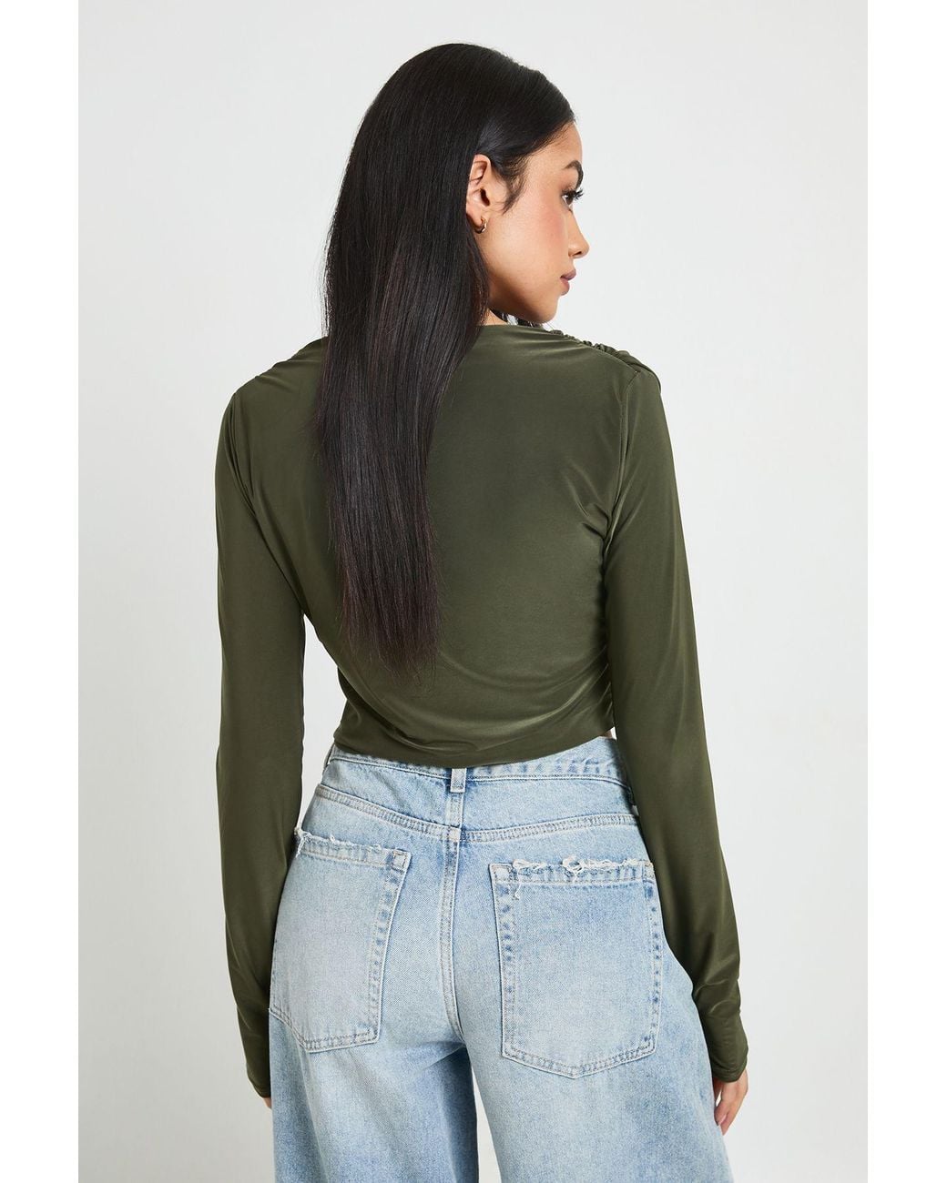 Boohoo Green Deep Plunge Long Sleeve Top