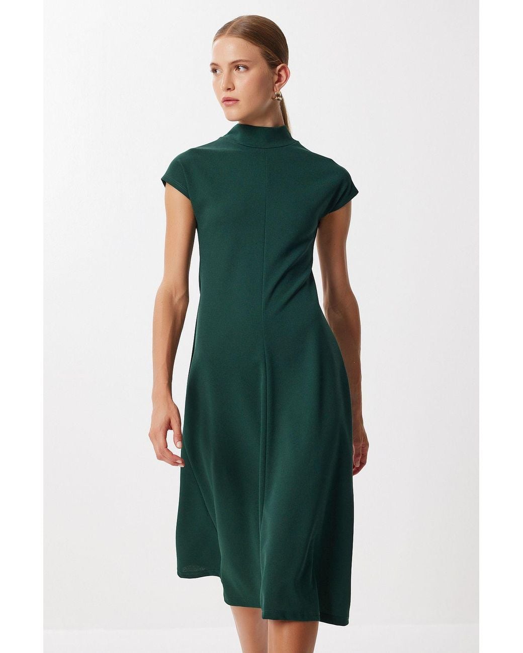 Happiness İstanbul Green A-Line Midi Dress With Half Turtleneck