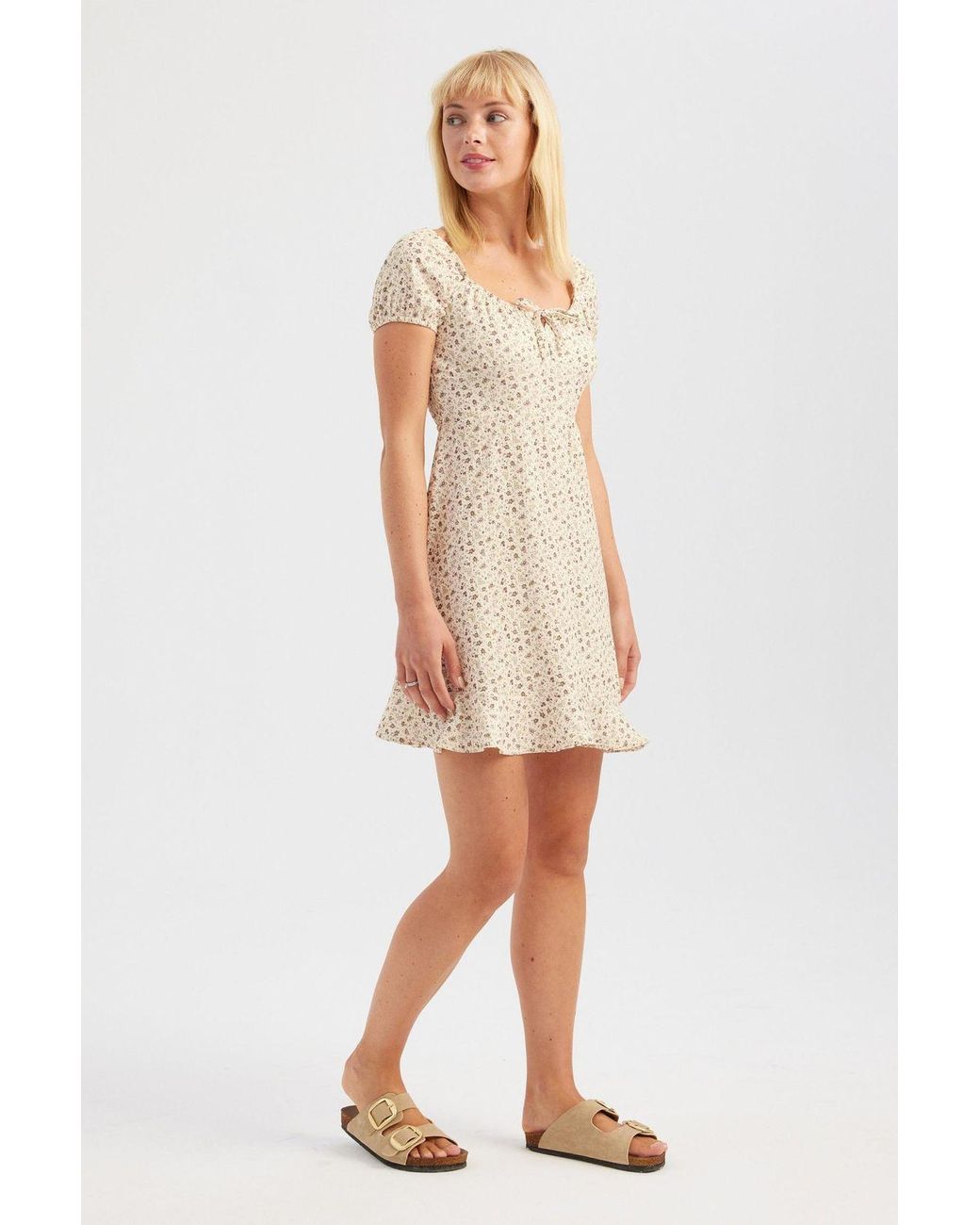 Hiccup Natural Floral Off Shoulder Ruffled Mini Dress