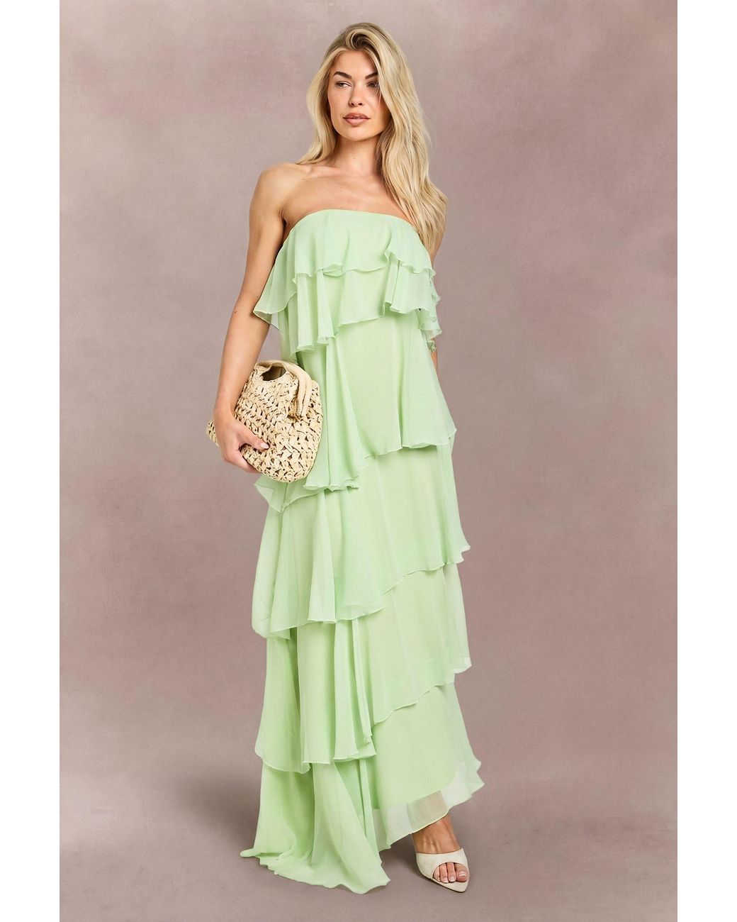 Boohoo Green Chiffon Multi Layered Maxi Dress