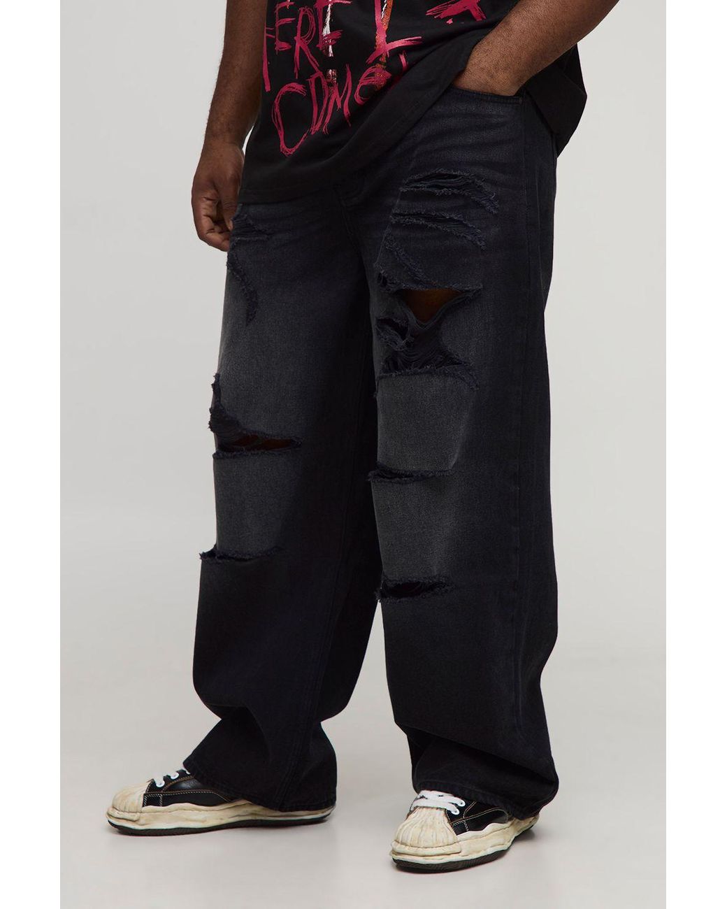 BoohooMAN Black Plus Relaxed Fit Washed Super Distressed Jeans for men