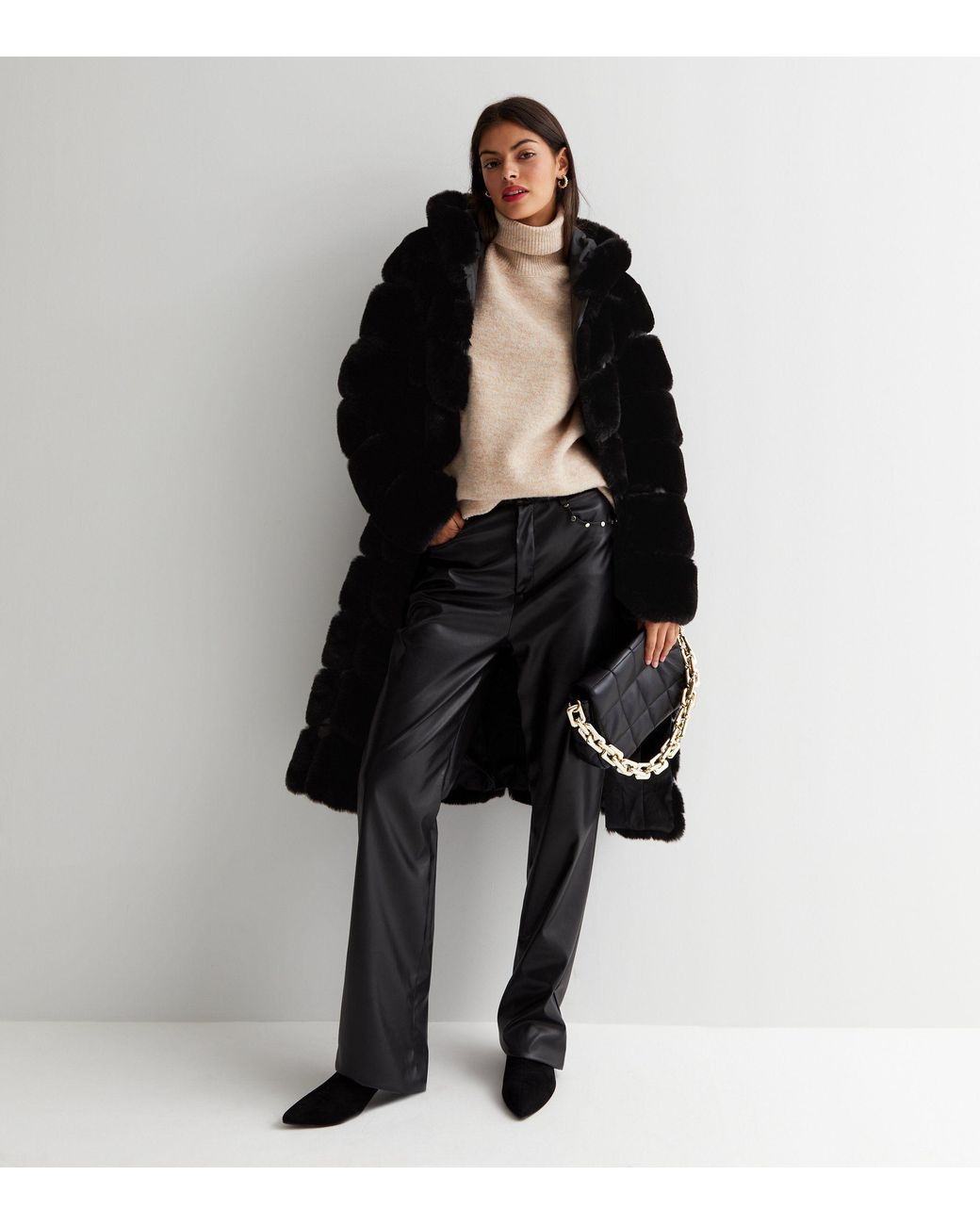 Gini London Black Panelled Hooded Longline Fur Coat