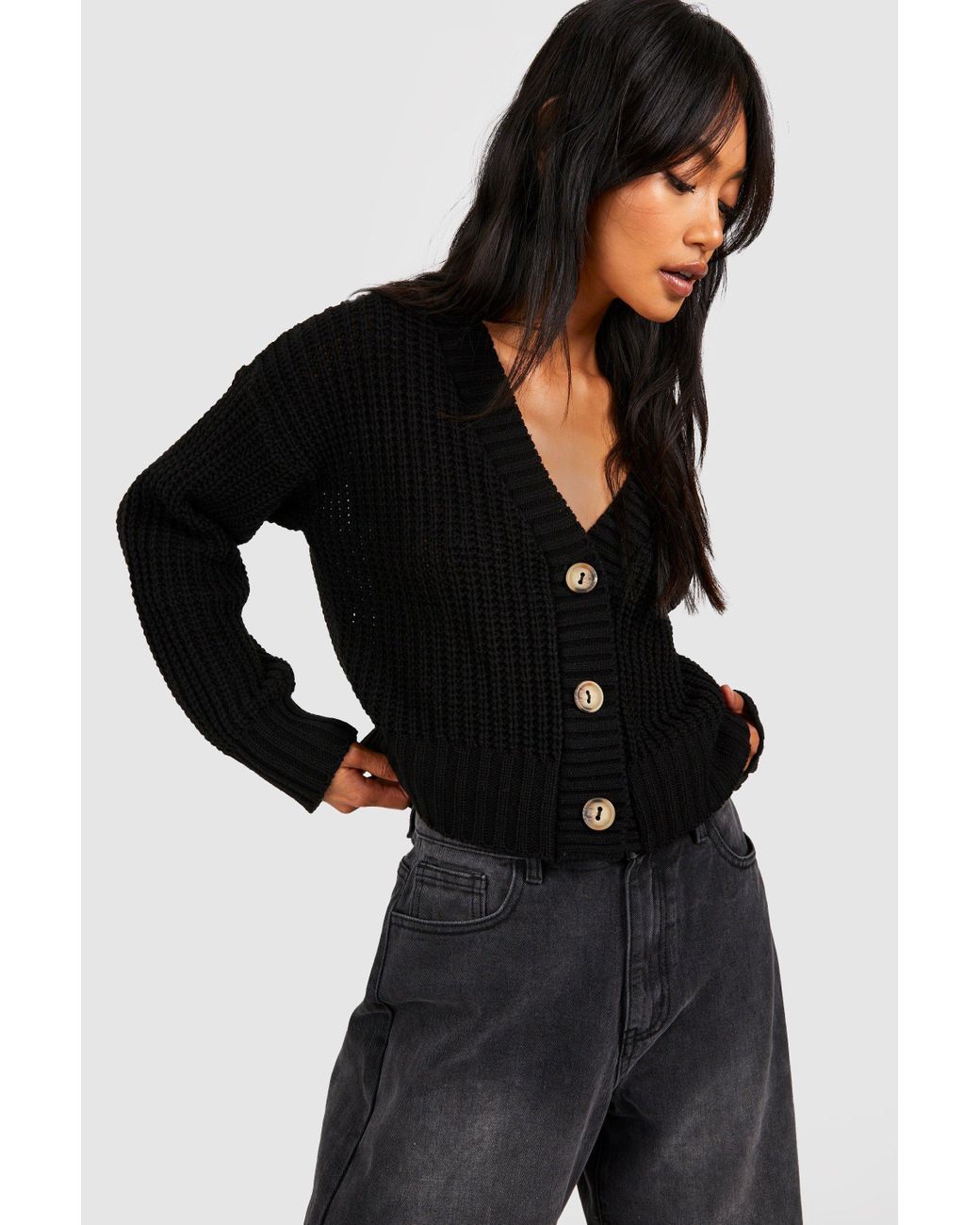 Boohoo Black Button Through Crop Cardigan