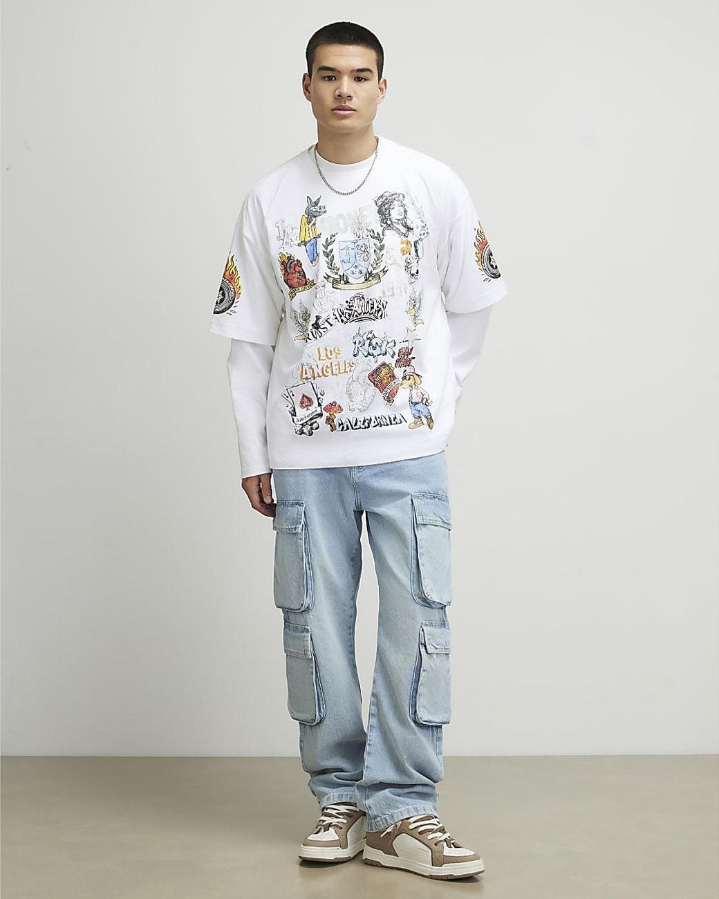 River Island White T-Shirt Oversized Fit Tattoo Graphic Cotton for men