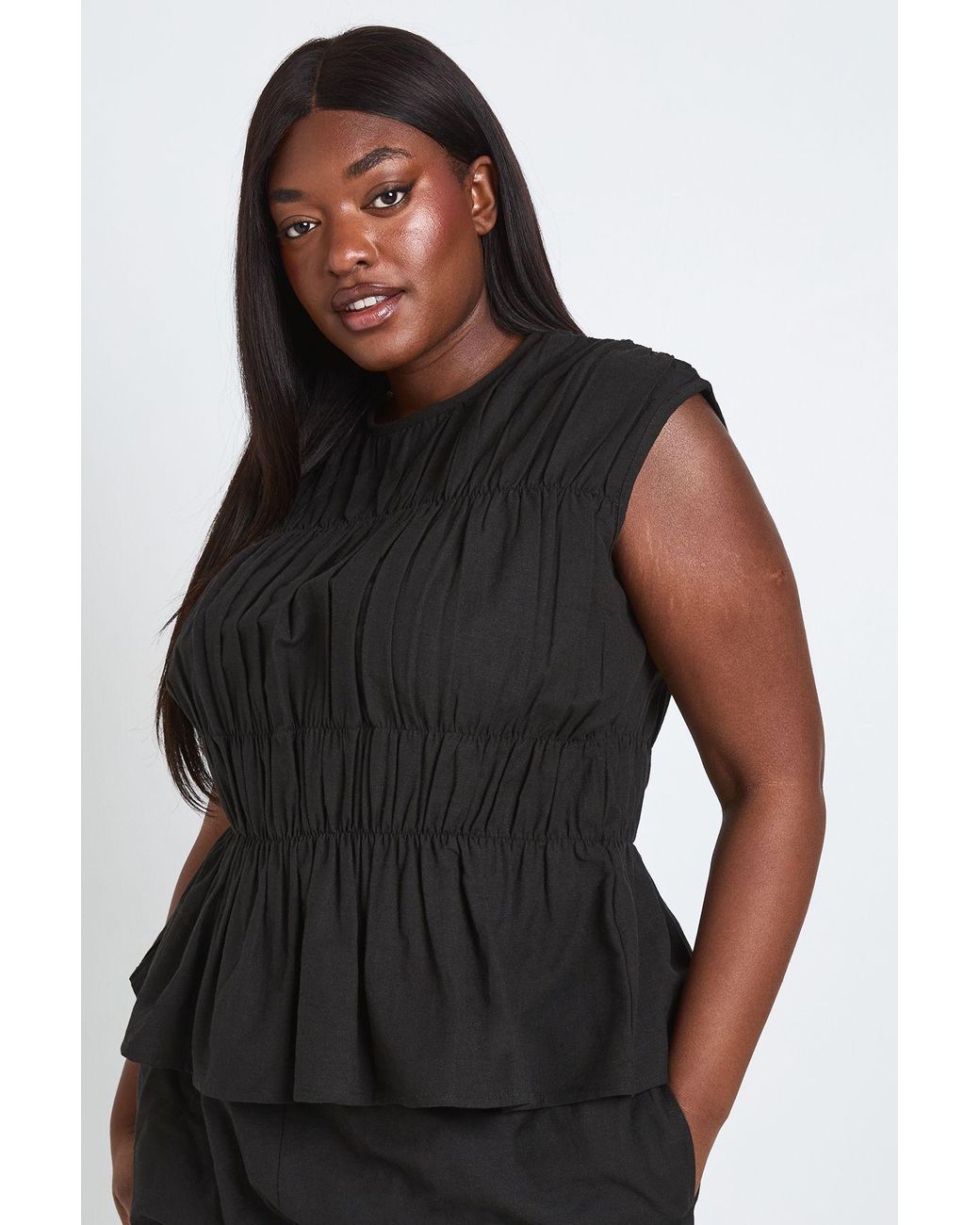 Boohoo Black Plus Shirred High Neck Top And Wide Leg Trouser Set