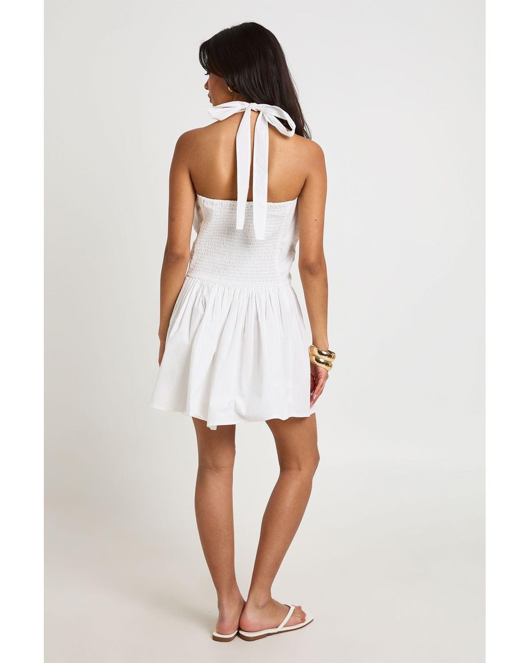 Boohoo White Cotton Poplin Halterneck Front Gathered Seam Skater Mini Dress