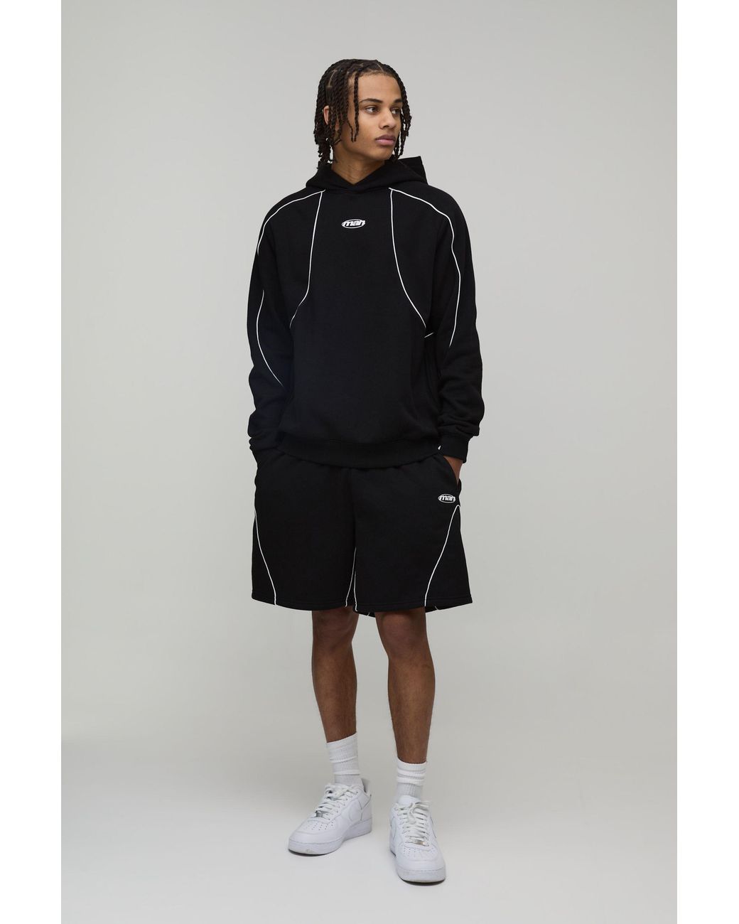 BoohooMAN Black Regular Fit Hooded Short Tracksuit With Piping for men