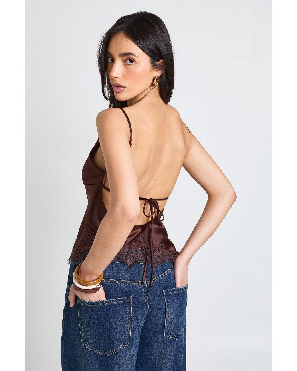 Boohoo Purple Satin Tie Back Lace Cami Top