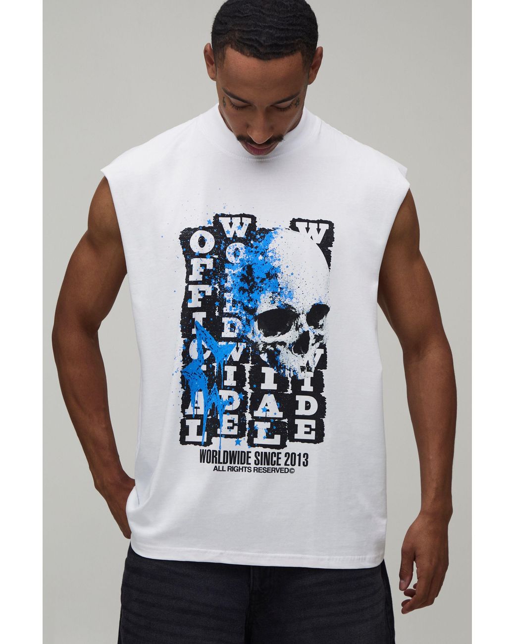 BoohooMAN Gray Oversized Skull Print Tank Cotton for men