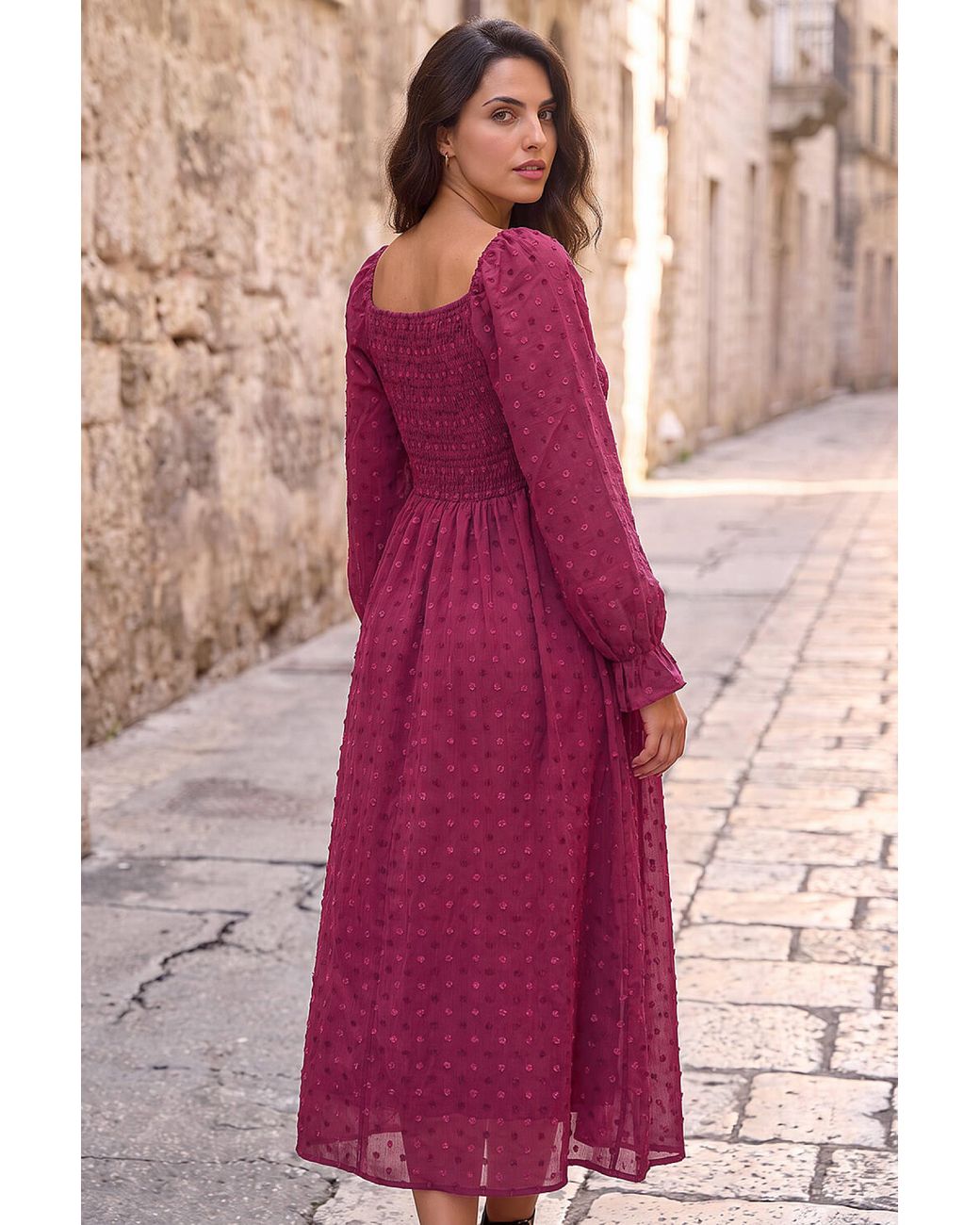 D.u.s.k Pink Dobby Print Shirred Midi Dress