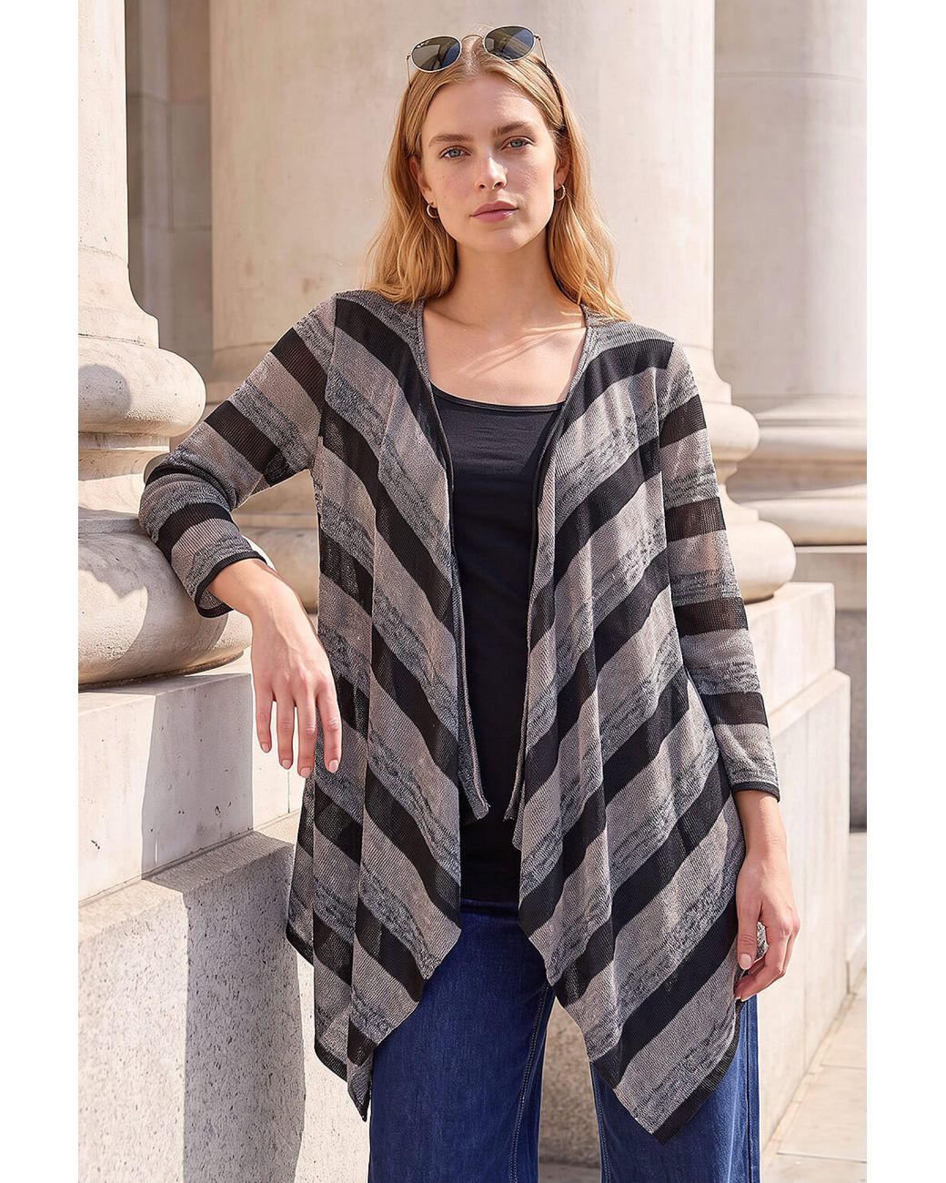 Roman Black Mock Layer Stripe Cardigan