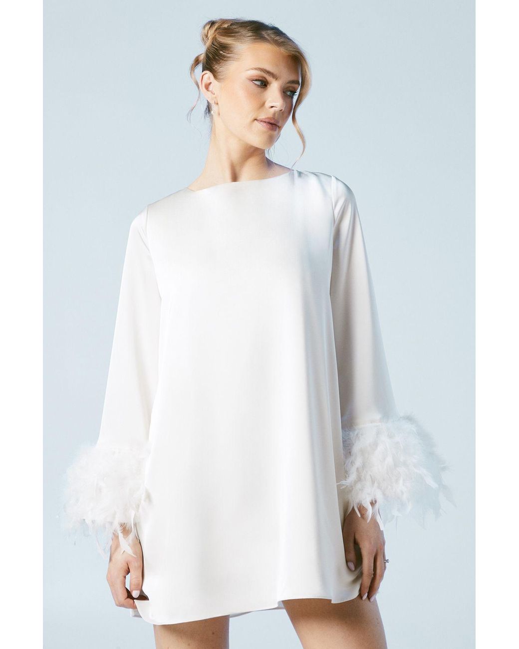 Oasis White Feather Cuff Satin Bridal Mini Dress