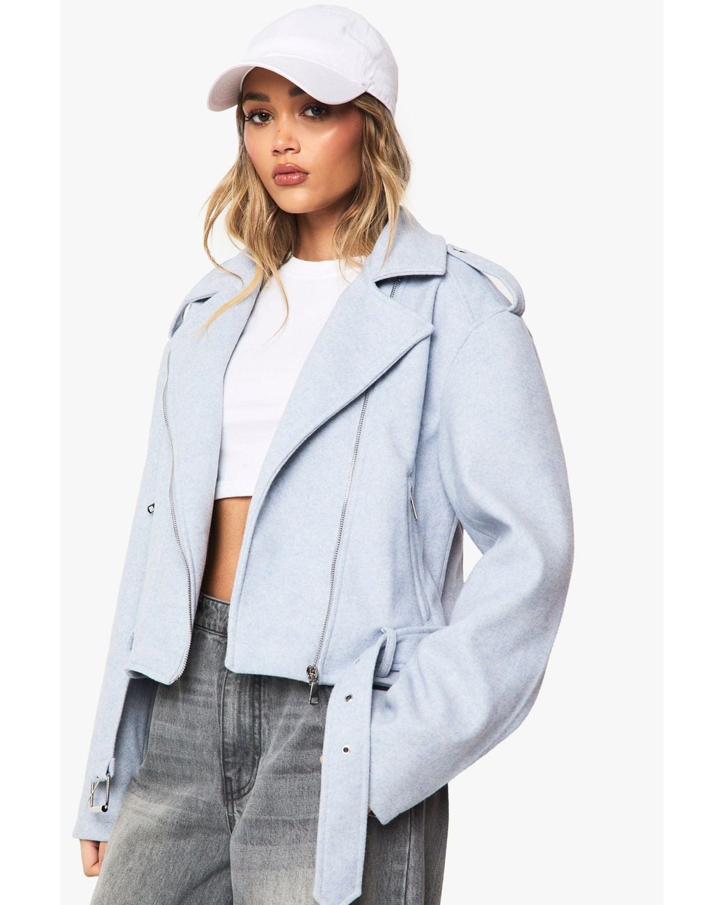 Boohoo Blue Wool Look Belted Jacket