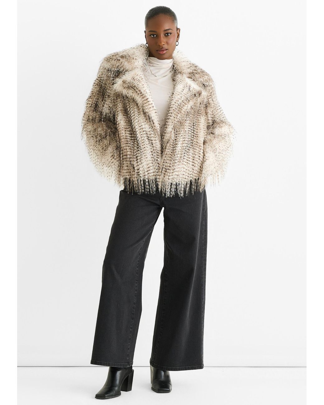 Gini London White Snow Leopard Faux Fur Short Jacket