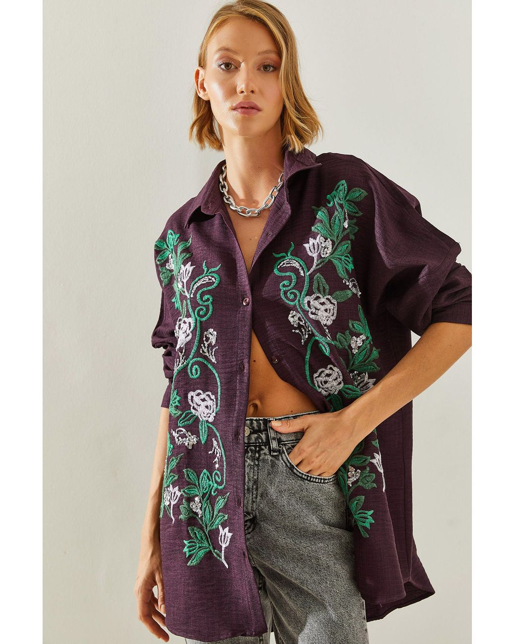 Bianco Lucci Purple Oversized Button-Up Shirt With Embroidery
