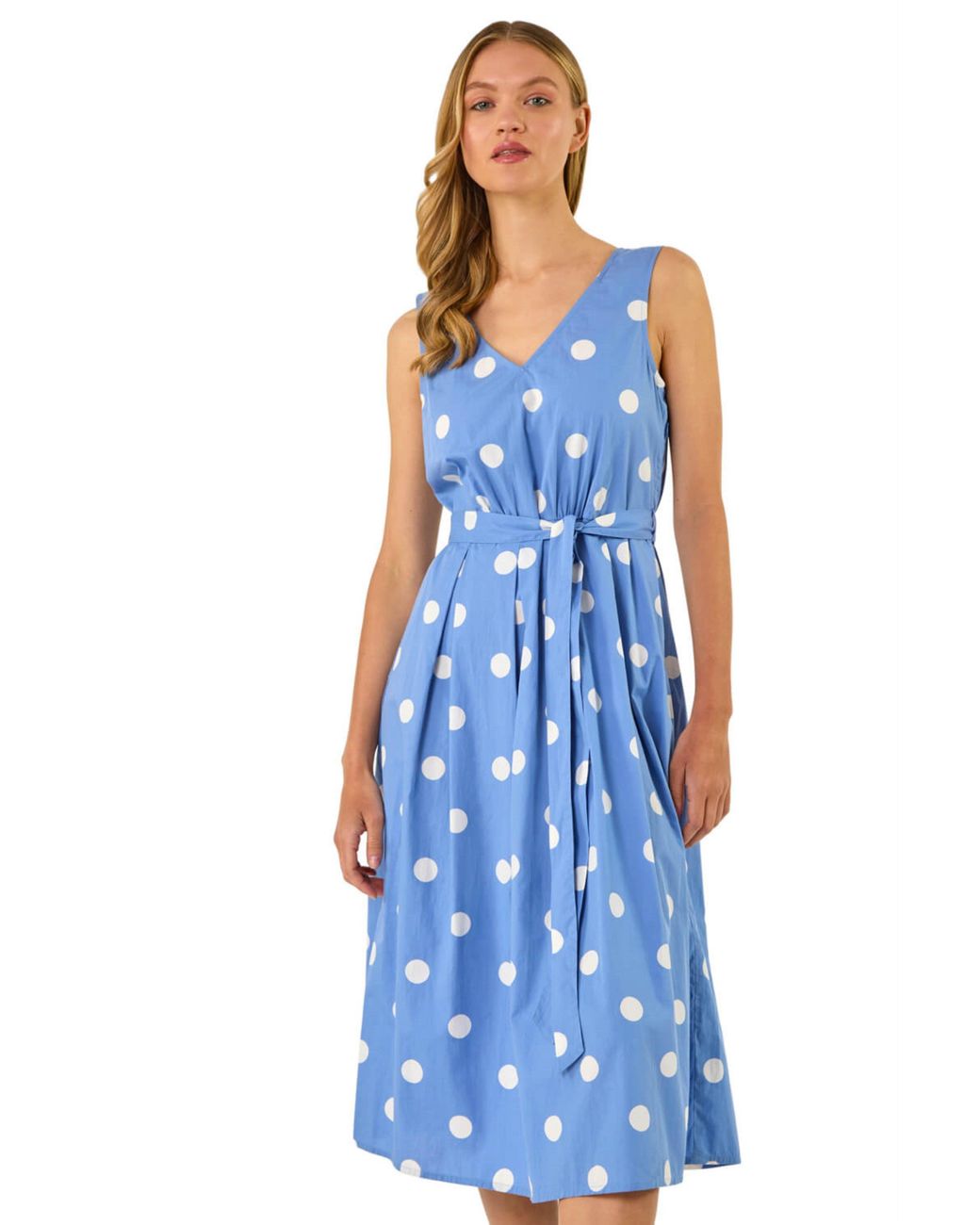 Roman Blue Spot Print Belted Midi Dress