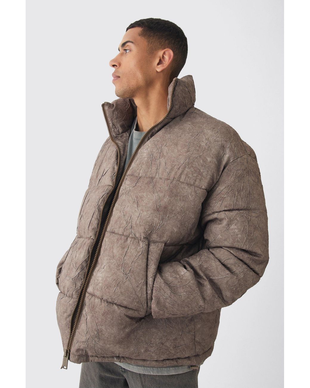 BoohooMAN Oversized Crinkle Funnel Neck Puffer Jacket In Brown for men