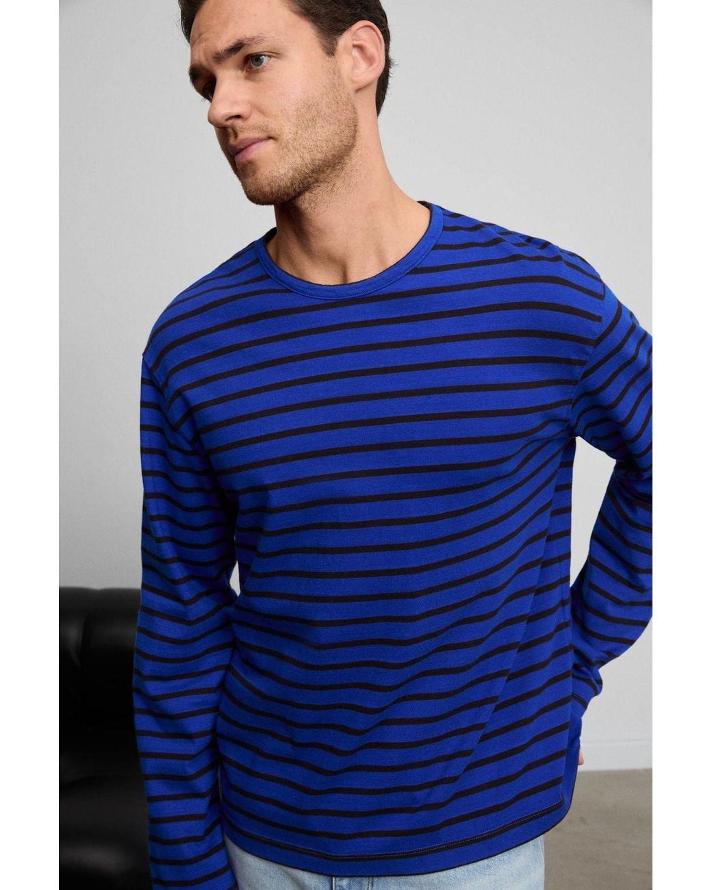 Grimelange Blue Striped Ribbed Crew Neck T-Shirt for men