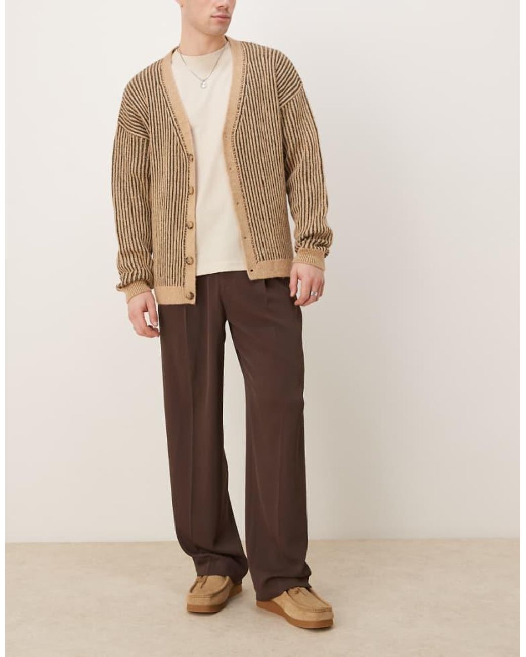 ASOS Natural Smart Wide Leg Trousers With Front Pleat for men