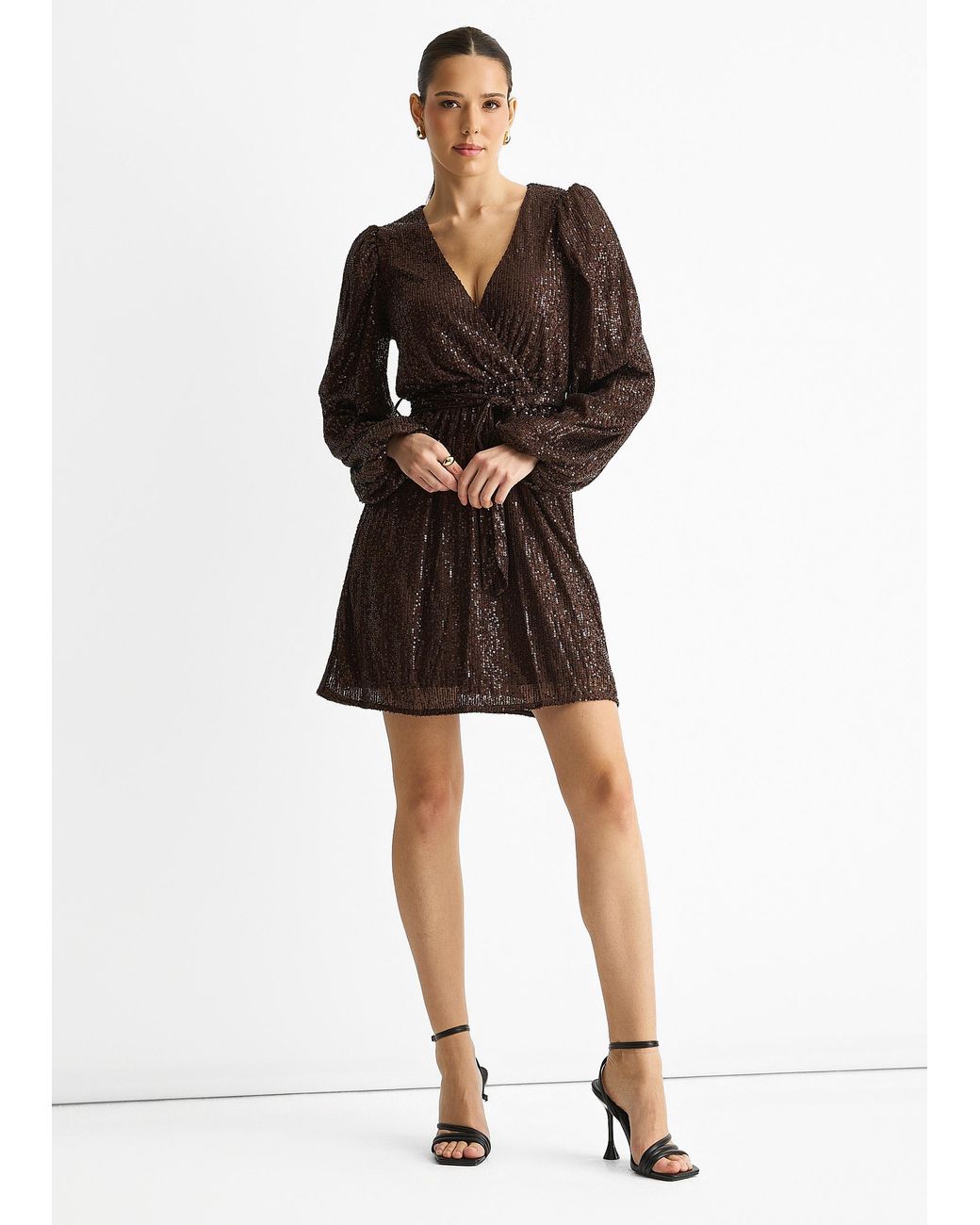 Gini London Black Sequin V Neck Belted Mini Dress