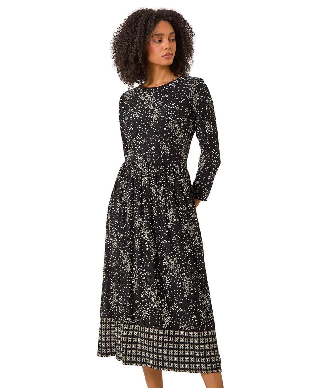 Roman Black Floral Border Print Midi Dress