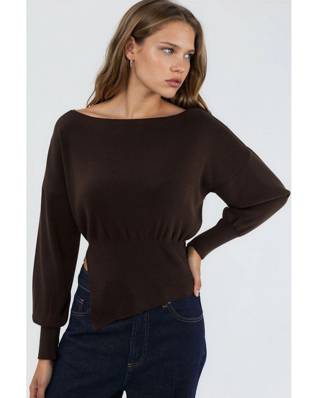 Hiccup Black Mercerized Look Boat Neck Knit Sweater With Slit Detail