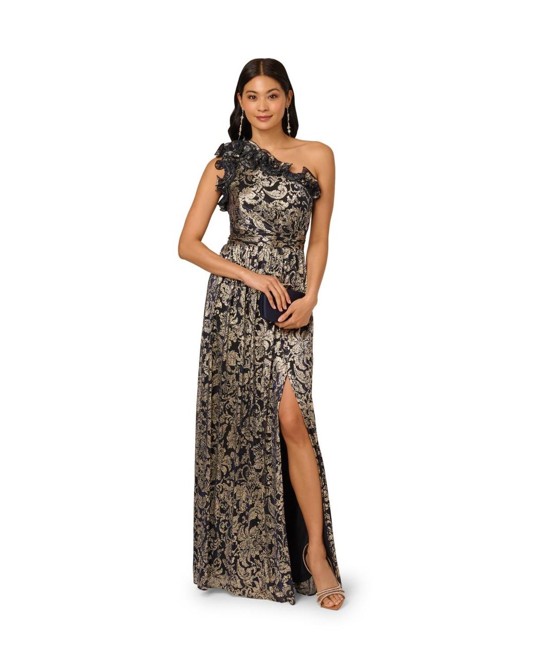 Adrianna Papell Metallic One Shoulder Crinkle Gown