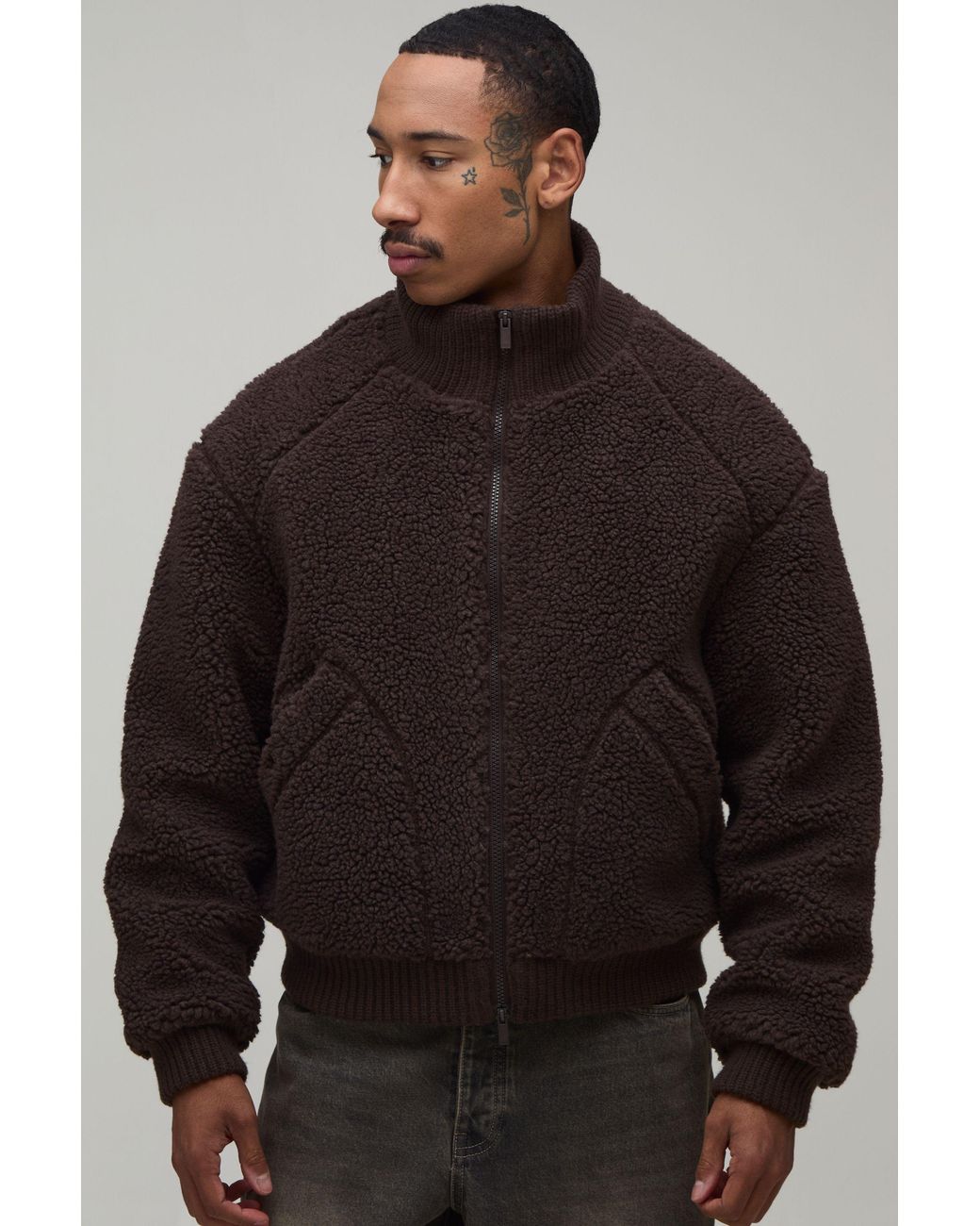 BoohooMAN Gray Boxy Fit Chunky Borg Knit Rib Funnel Jacket for men