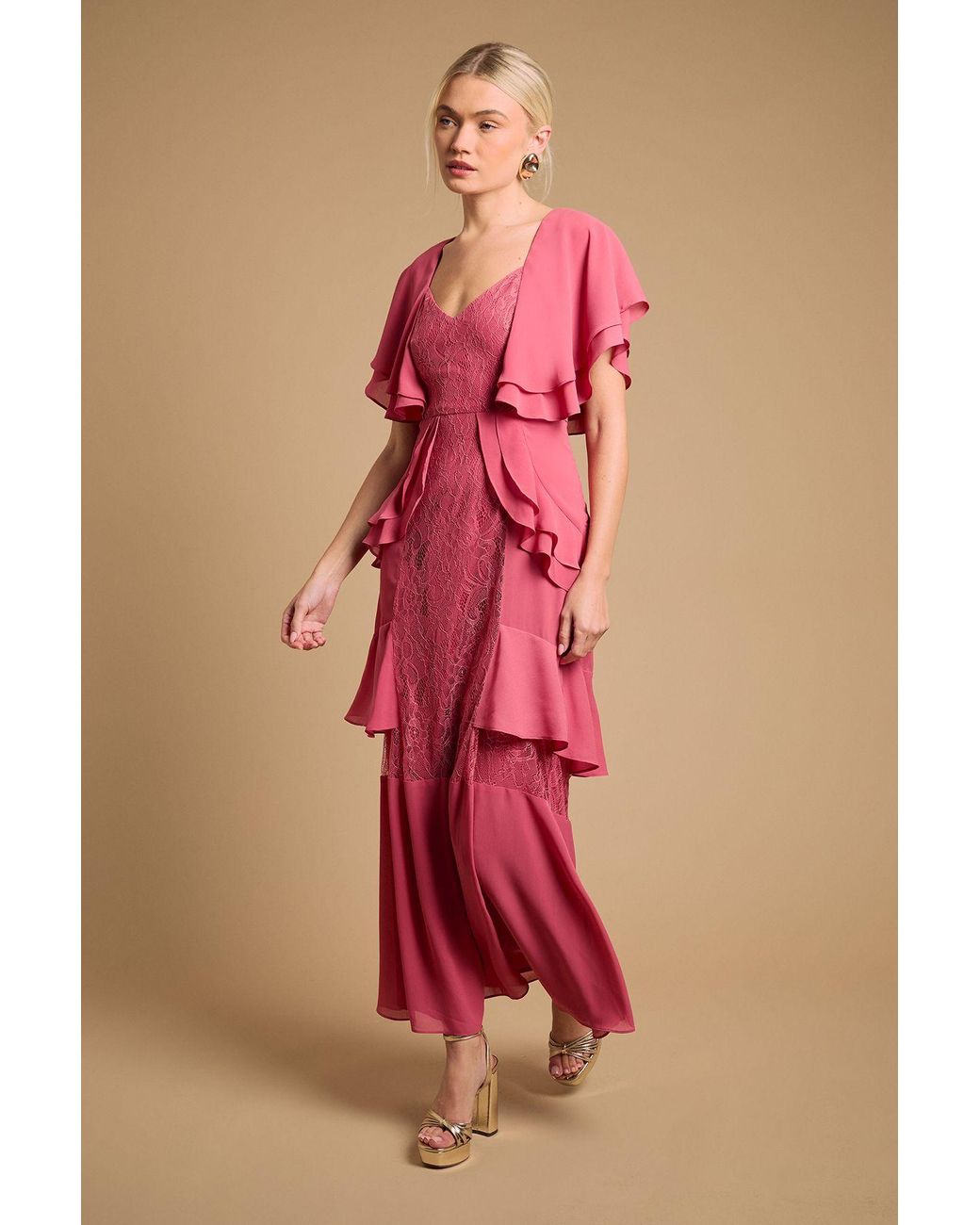 Oasis Pink Lace Panel Ruffle Maxi Dress