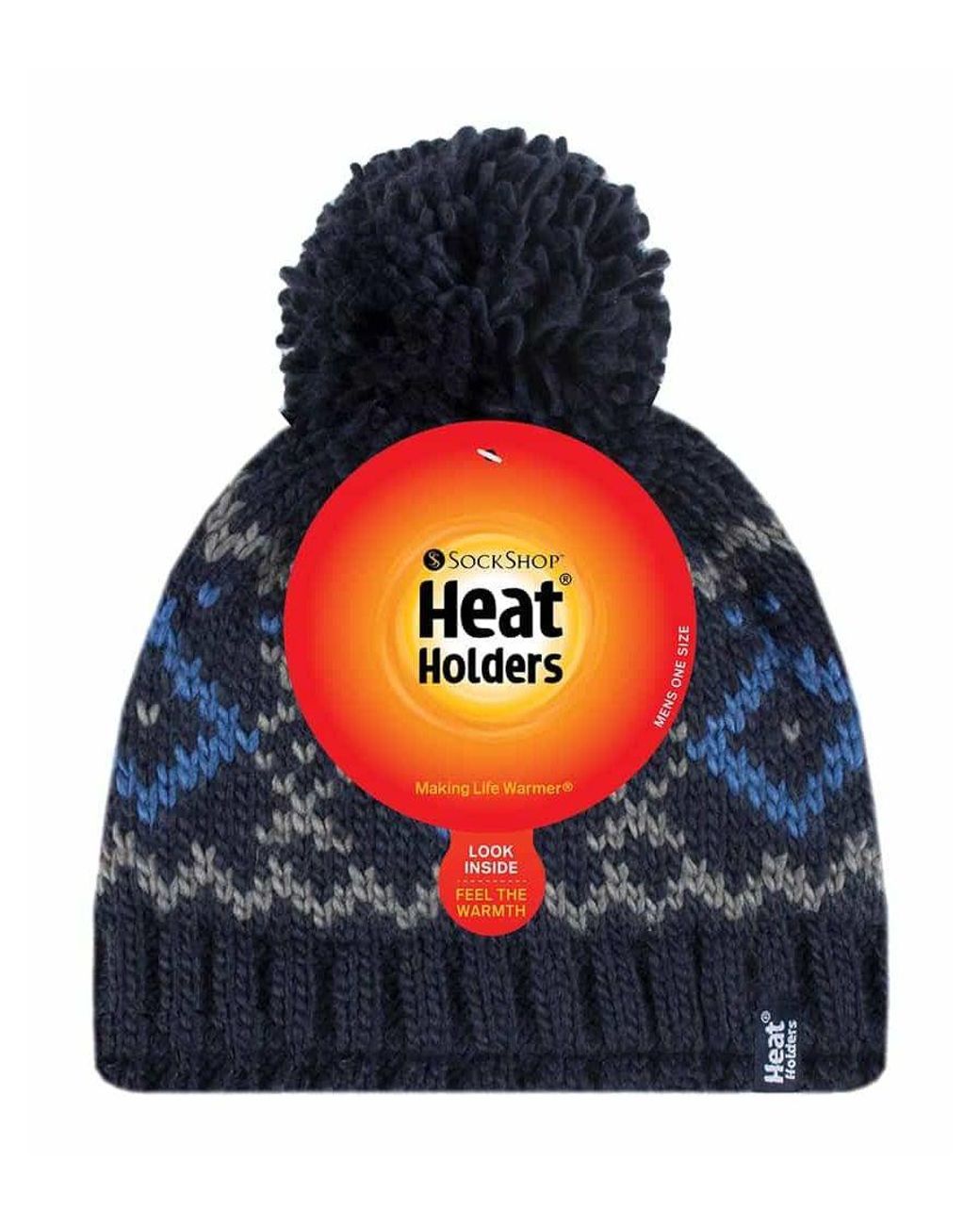 Heat Holders Blue Fleece Lined Thermal Winter Warm Beanie Bobble Hat With Pom Pom for men