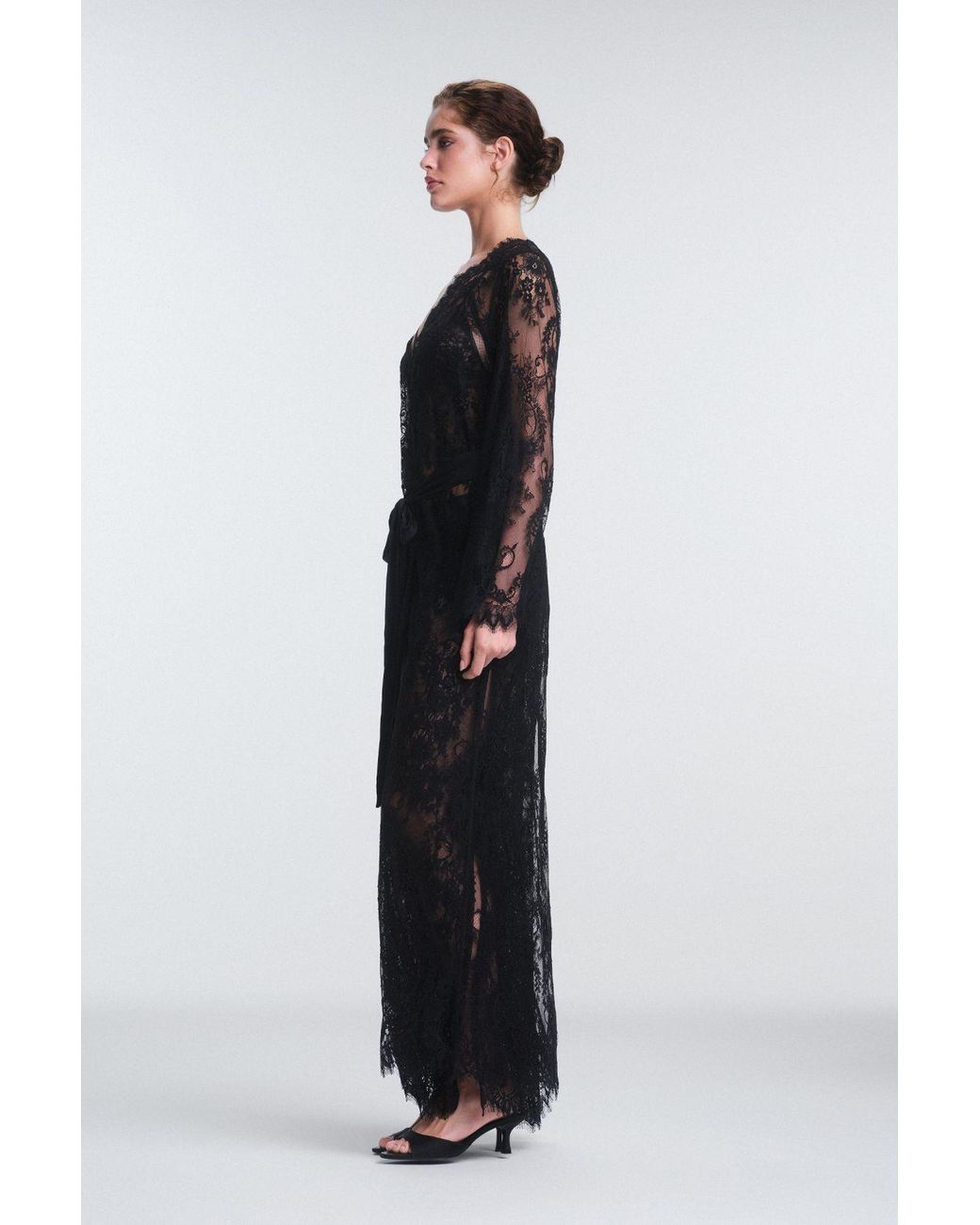 Penti Black Embroidered Maxi Robe With Tie Front