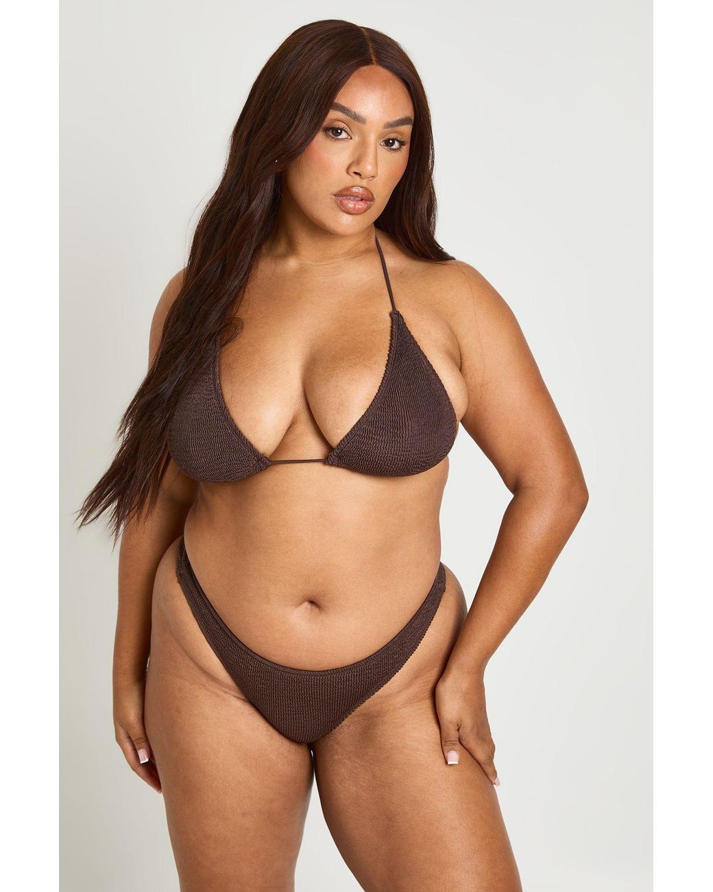 Boohoo Brown Premium Fits All Crinkle Solid Brief Bikini Bottom